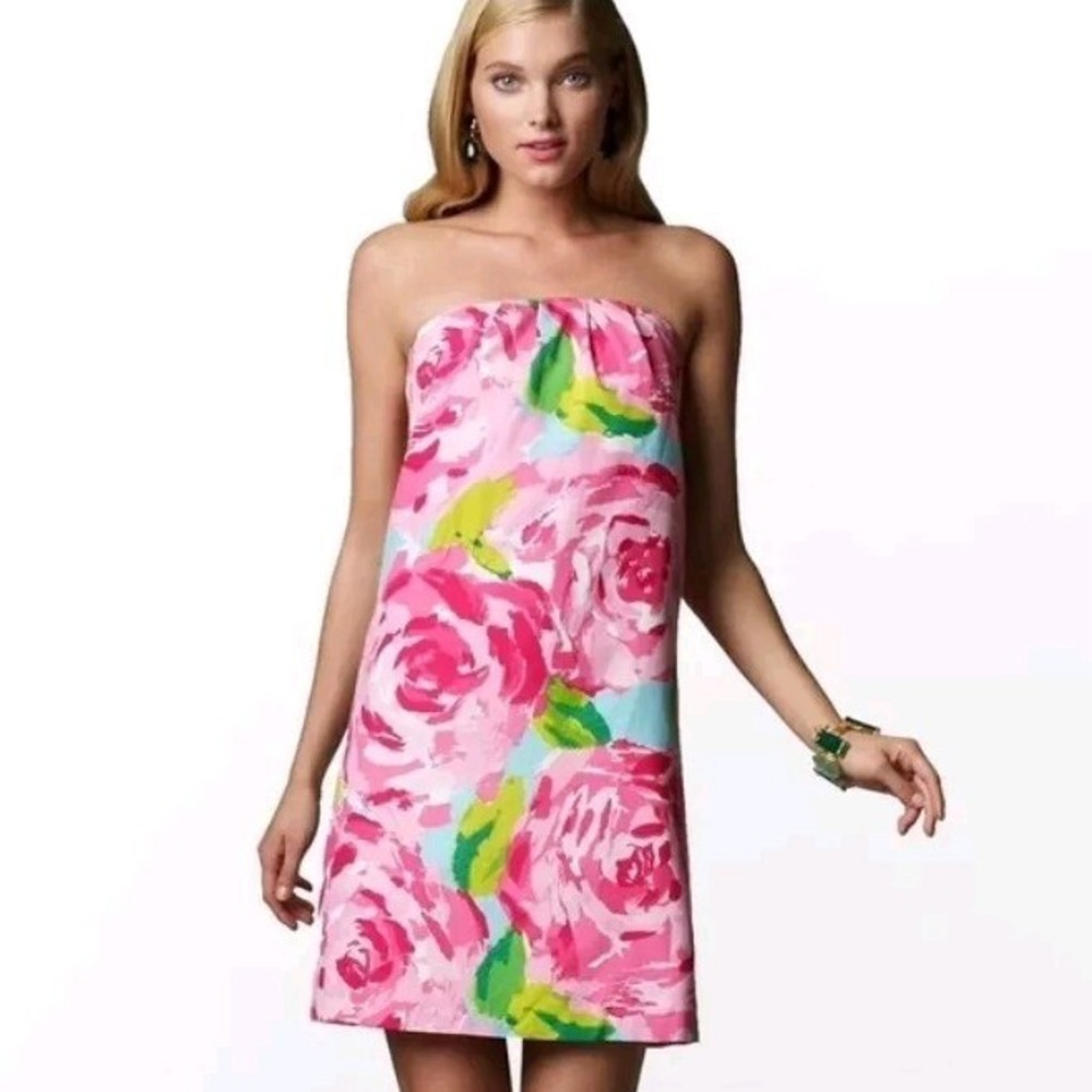 Lilly Pulitzer Floral Pink and Green Strapless Dress